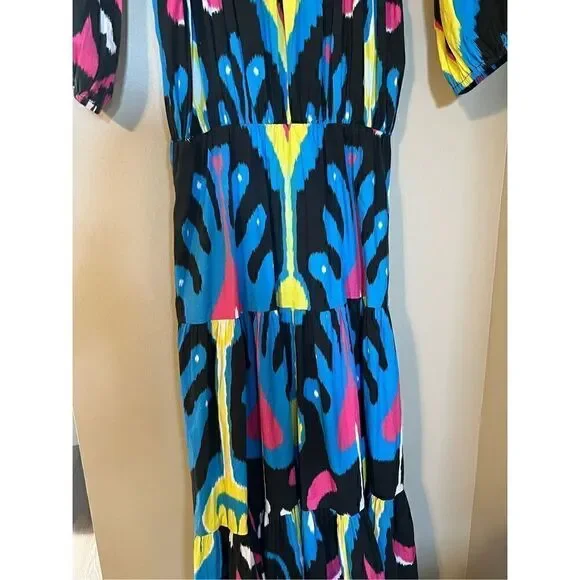 Sheridan French Women’s Size Medium Isabel Maxi Dress Black Blue Heart Ikat NWOT - Picture 7 of 14